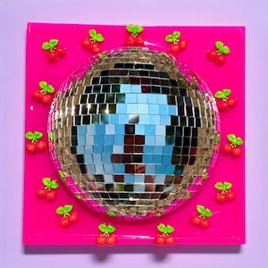 CHERRY DISCO BALL 3D Resin Wall Art | 8x8 Kitsch Pop Art Sculpture | Funky Retro Dopamine Décor / kawaii decor/ Fun Pop Art/ red Cherry Art