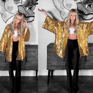 Gold disco ball stick sequins kimono jacket/ duster sequins/ festival kimono / sequins kimono/ party jacket/ holographic iridescent /