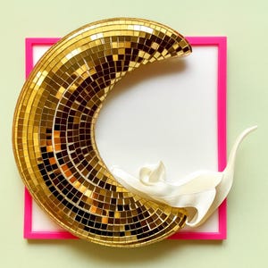 3D Diskokugel Mond mit Katze - Kunst Resin Wand Skulptur | Gold Spiegel Mosaik Halbmond & Katze Wohnkultur | Kitschiger Pop Art Wandbehang