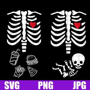 May include: Two white skeleton outlines with red hearts inside. The skeleton on the left has a soda, burger, pizza, and fries. The skeleton on the right has a baby skeleton inside.