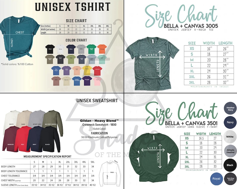 Pu&ograve; includere: Tabella delle taglie per t-shirt e felpe unisex. La tabella mostra le misure in pollici per diverse taglie, tra cui XS, S, M, L, XL, 2XL, 3XL e 4XL. La tabella include anche una tabella dei colori per le t-shirt.