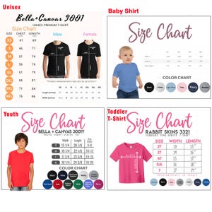 May include: Size chart for Bella + Canvas 3001 unisex t-shirts, Bella + Canvas 3001Y youth t-shirts, and Rabbit Skins 3321 toddler t-shirts. The chart shows chest and length measurements in inches for unisex sizes XS to 4XL, width and length measurements in inches for youth sizes S to XL, and width and length measurements in inches for toddler sizes 2T to 7.  The chart also includes color charts for each type of shirt.