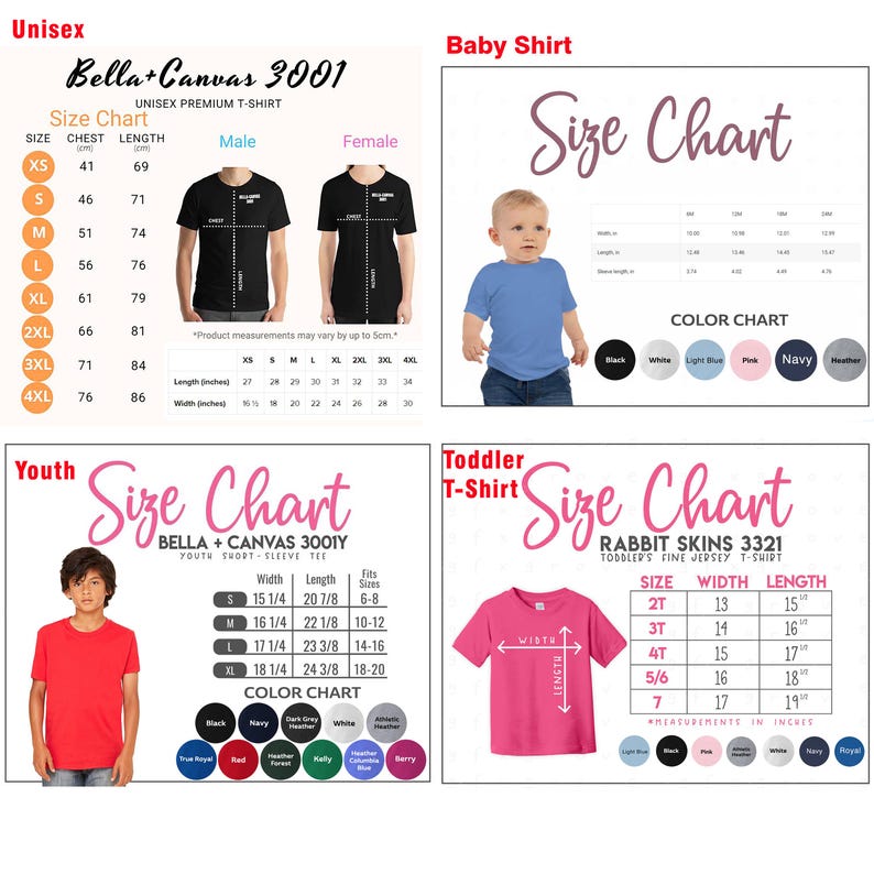 May include: Size chart for Bella + Canvas 3001 unisex t-shirts, Bella + Canvas 3001Y youth t-shirts, and Rabbit Skins 3321 toddler t-shirts. The chart shows chest and length measurements in inches for unisex sizes XS to 4XL, width and length measurements in inches for youth sizes S to XL, and width and length measurements in inches for toddler sizes 2T to 7.  The chart also includes color charts for each type of shirt.