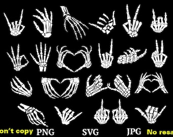 May include: A set of 18 black and white skeleton hand illustrations in various poses, including peace signs, heart shapes, and rock and roll signs.  "Don't copy PNG SVG JPG No resale" text is at the bottom of the image.