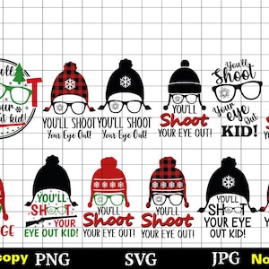 May include: A set of 10 Christmas-themed SVG cut files featuring a red and white patterned hat with glasses and text that says "You'll Shoot Your Eye Out!" in various styles.