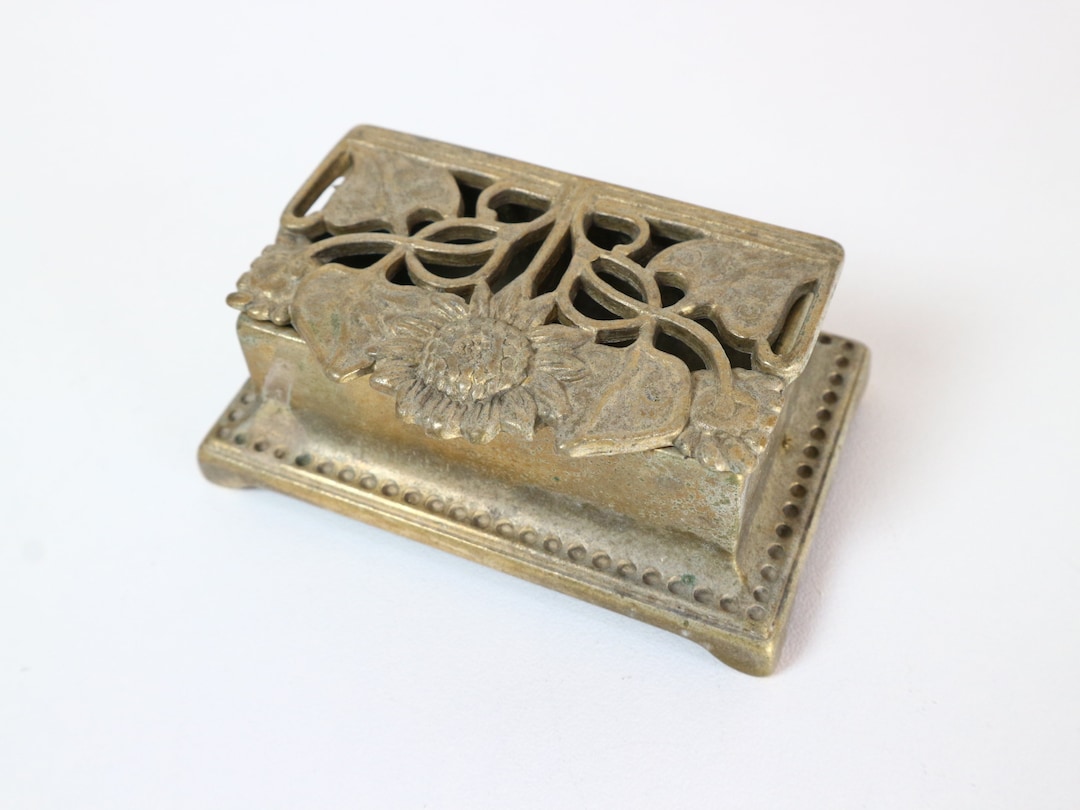 Antique Postage Stamp Holder, Brass Sunflower Postage Stamp Holder, Hollywood Regency Stamp Box