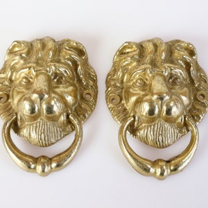 Può includere: Due battenti per porte a forma di testa di leone dorati con un'impugnatura ad anello. Le teste di leone sono dettagliate con una criniera e baffi.