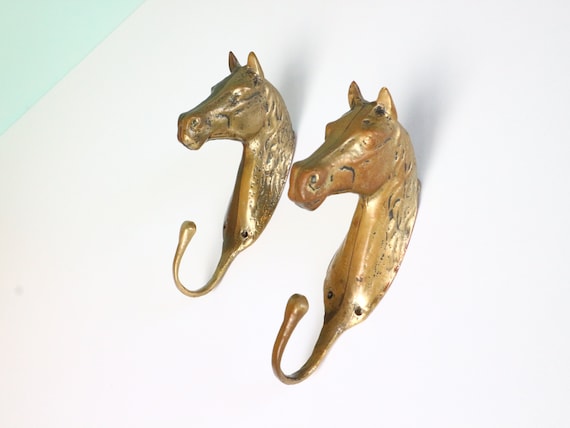 Two 2 Large Brass Antique Horse Coat Hooks, Wall Hooks, Wall Hanger,  Decorative Animal Storage Solution, 