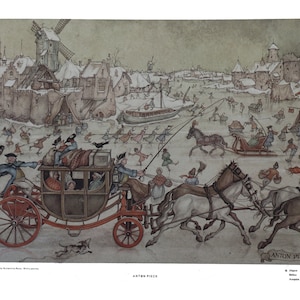 Anton Pieck Art, Rare Large Vintage 6 color lithograph by Anton Pieck, Image &quot;Wintery Journey&quot;, Decoupage, Lithograph, Collectors art.