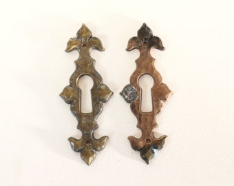 Set off 2 Antique ornate brass keyhole covers, plate. Ornamental escutcheon, cabinet hardware, furniture applique, Key plate