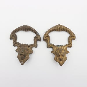 Op de afbeelding: Twee sierlijke, goudkleurige metalen ladegrepen met een leeuwenkopontwerp. Elke greep heeft een ringvormig handvat en een gedetailleerd leeuwenhoofd met een gestructureerd oppervlak.