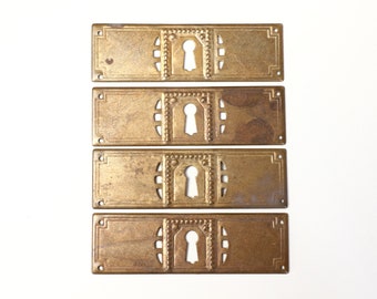 One Antique ornate brass keyhole cover, plate. Ornamental escutcheon, cabinet hardware, furniture applique, Key plate