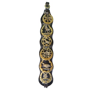 Leather strap with 6 Vintage Brass Horse medallions -bridle decoration- collectible, bohemian classic decor, Klepperman