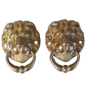 Può includere: Due maniglie per porte in ottone antico a forma di testa di leone. Ogni maniglia presenta un viso di leone dettagliato con un anello di trazione.