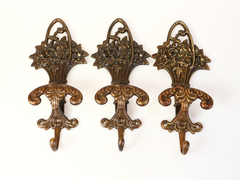 Three (3) Brass Coat hook, Wall hook, Wall Hanger, Victorian flowers basket shops coat hook.