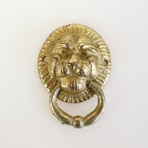 Può includere: Un battente per porta a forma di testa di leone color oro con maniglia ad anello. Il battente è di forma ovale con due fori per il montaggio. Il volto del leone presenta dettagli e una finitura anticata.