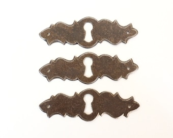 Three (3) Keyhole cover, shabby, rusty keyhole frame, Antique metal Escutcheon