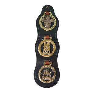 Leather strap with 3 Vintage Brass Horse medallions -bridle decoration- collectible, bohemian classic decor, Klepperman