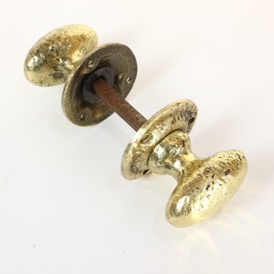 Könnte beinhalten: Ein antiker Türknauf aus Messing mit ovaler Form und strukturierter Oberfläche. Der Knauf ist an einer runden Messingplatte mit einer Schraube befestigt.