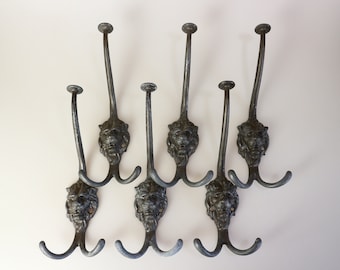 Set van 6 metalen antieke leeuwenkopjashaken, wandhaak, wandhangers, decoratieve lion-opbergoplossing,