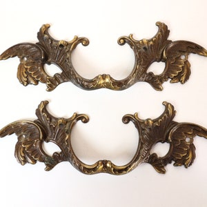 Könnte beinhalten: Ein Paar verzierte Messing-Schubladengriffe mit Flügeldesign. Die Griffe haben eine dekorative, rollenartige Form und sind in einem warmen, antiken Messington gehalten.