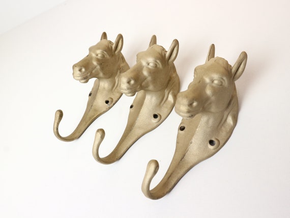 Set of 3 Large Brass Antique Horse Coat Hooks, Wall Hook, Wall