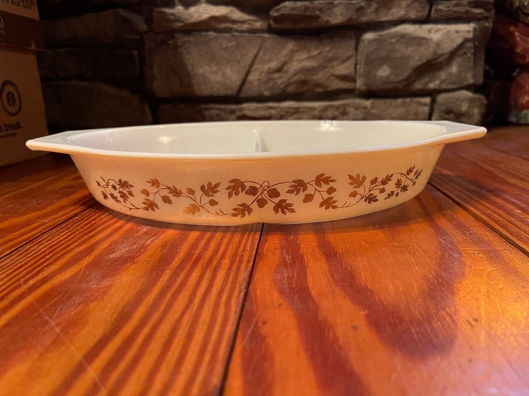 Vintage Pyrex Divided Casserole Dish Golden Gold Leaf Acorn Etsy