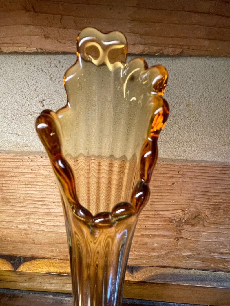 Vintage Fenton Swung Vase Amber Thumbprint Tall Bud Flower Vase 16 tall mouth 3 Ribbed image 5