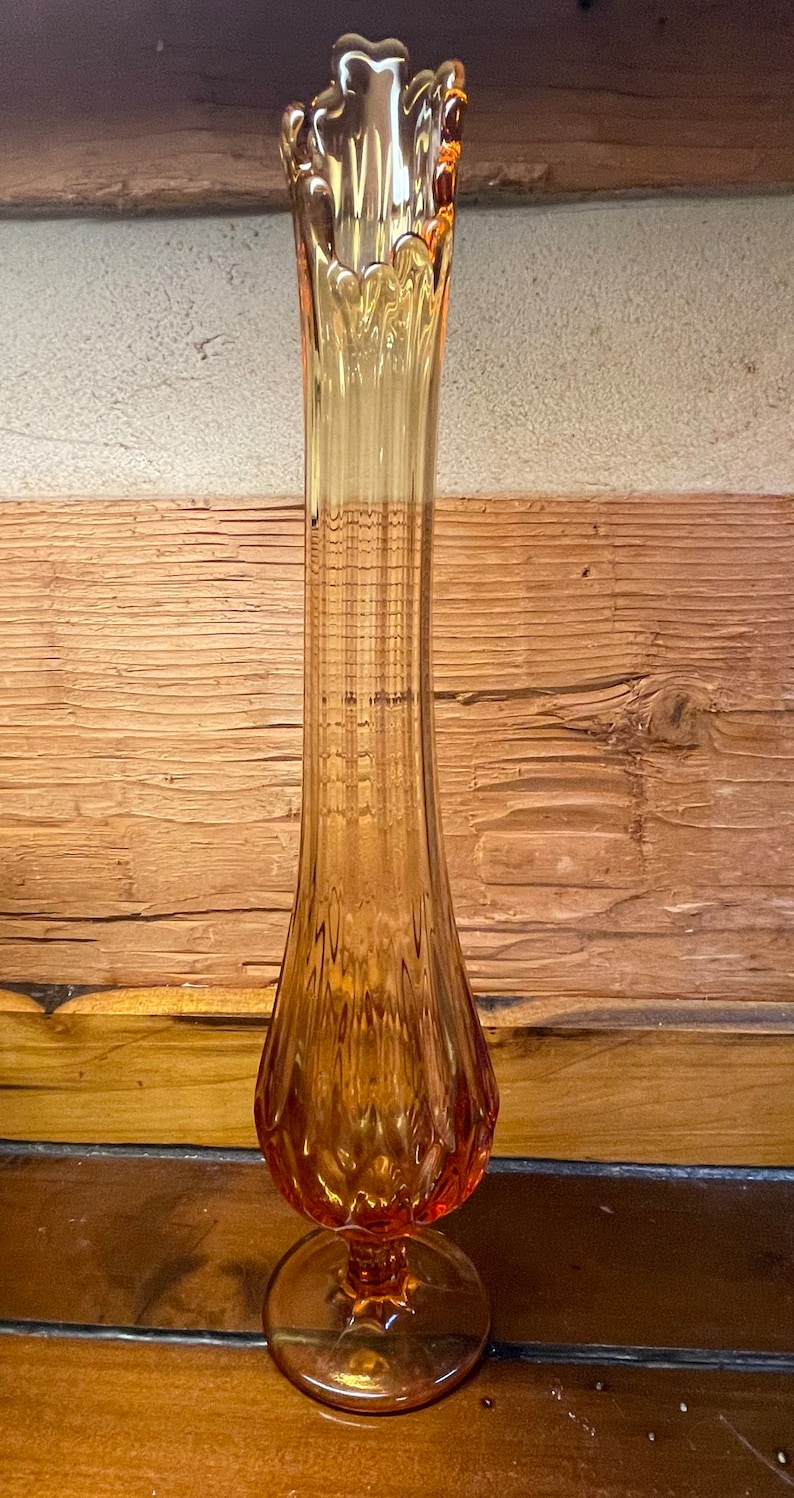 Vintage Fenton Swung Vase Amber Thumbprint Tall Bud Flower Vase 16 tall mouth 3 Ribbed image 1