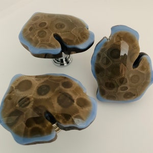 May include: Three fossilized stone knobs with a blue glaze. The knobs are shaped like a leaf, a mitten, and a heart. The knobs are made of natural stone and have a unique, organic look.