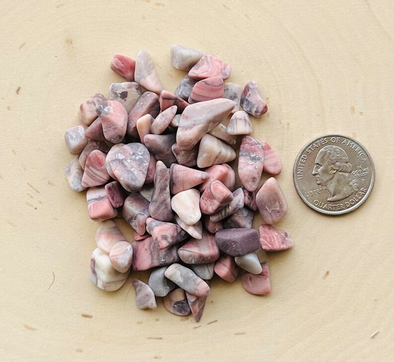 May include: A collection of small, tumbled rhodonite stones featuring shades of dusty pink, grey, and white with natural veining. A United States quarter coin is placed next to the stones to provide a clear visual reference for their size.