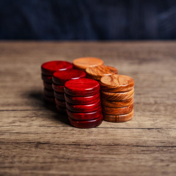 30 x Olive Wood Manopoulos Backgammon Checkers, 36mm - Natural Wood, Red