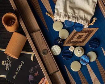 Classic Traditional Backgammon Set - Handmade Premium Walnut & Blue Oak - Folding Board