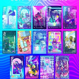 Puede incluir: Un conjunto de cartas de tarot de fantas&iacute;a con tem&aacute;tica cyberpunk. Las cartas presentan ilustraciones vibrantes de personajes y escenas, con t&iacute;tulos como "Suit of Potions" y "Knight of Potions". La obra de arte es de Brenda Ho.