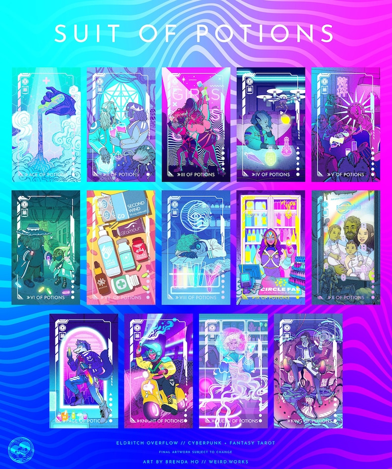 Puede incluir: Un conjunto de cartas de tarot de fantas&iacute;a con tem&aacute;tica cyberpunk. Las cartas presentan ilustraciones vibrantes de personajes y escenas, con t&iacute;tulos como "Suit of Potions" y "Knight of Potions". La obra de arte es de Brenda Ho.