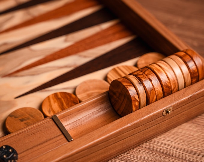 Classic Traditional Manopoulos Backgammon Set - Handmade Premium Olive Wood Burl Folding Board, WIth Side Racks,  48 x 30cm closed