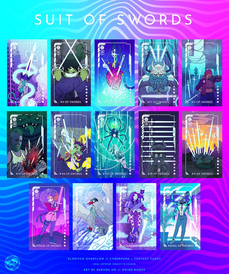 Puede incluir: Un juego de cartas del tarot con tem&aacute;tica de fantas&iacute;a cyberpunk. Las cartas presentan ilustraciones vibrantes de figuras y s&iacute;mbolos, con las palabras "SUIT OF SWORDS" en la parte superior. La obra de arte incluye el texto "ELDRITCH OVERFLOW // CYBERPUNK // FANTASY TAROT".