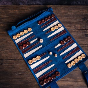 May include: A blue leather backgammon game set with white and brown playing pieces. The game is folded up and has a zipper closure. The game is on a wooden surface.