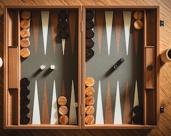 Classic Traditional Manopoulos Backgammon Set - Handmade Grey Faux Leather & Wood - Folding Board with Side Racks, 48 x 30cm closed