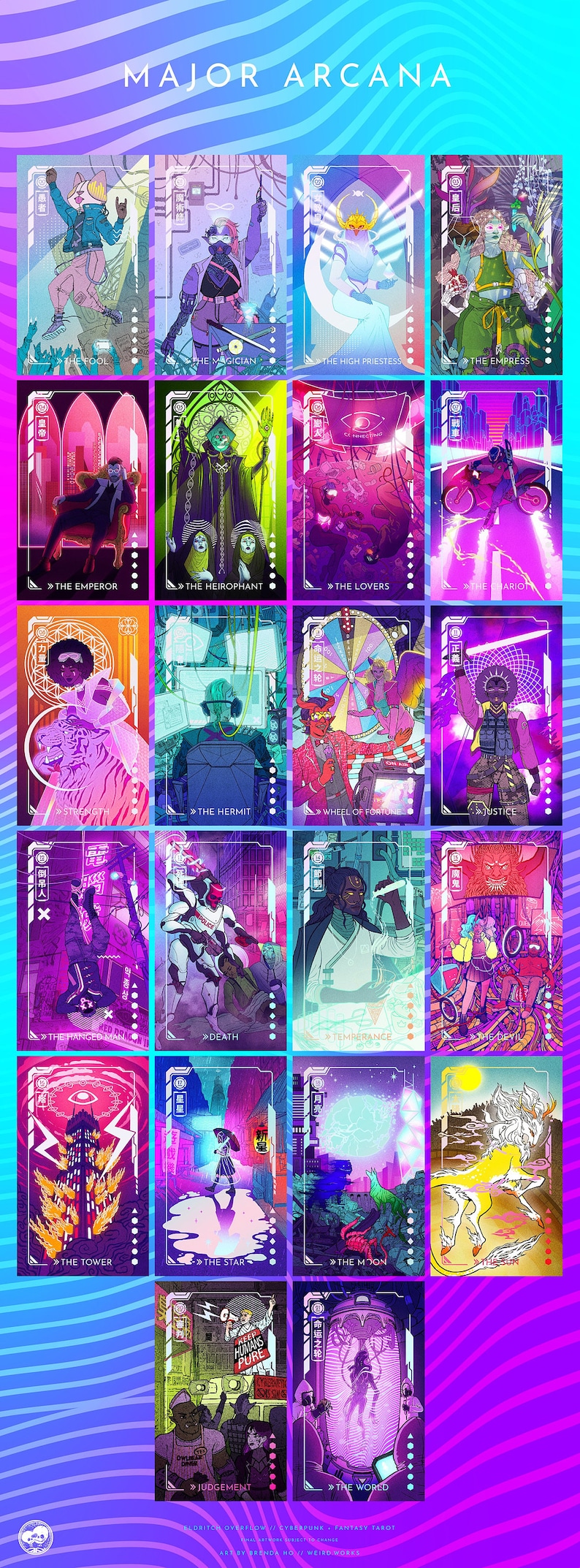 Puede incluir: Un conjunto de 22 cartas de tarot, cada una con ilustraciones &uacute;nicas con tem&aacute;tica cyberpunk. Las cartas est&aacute;n etiquetadas con t&iacute;tulos como "El Loco", "El Mago" y "Los Amantes". La obra de arte es vibrante, con una paleta de colores ne&oacute;n e im&aacute;genes futuristas.