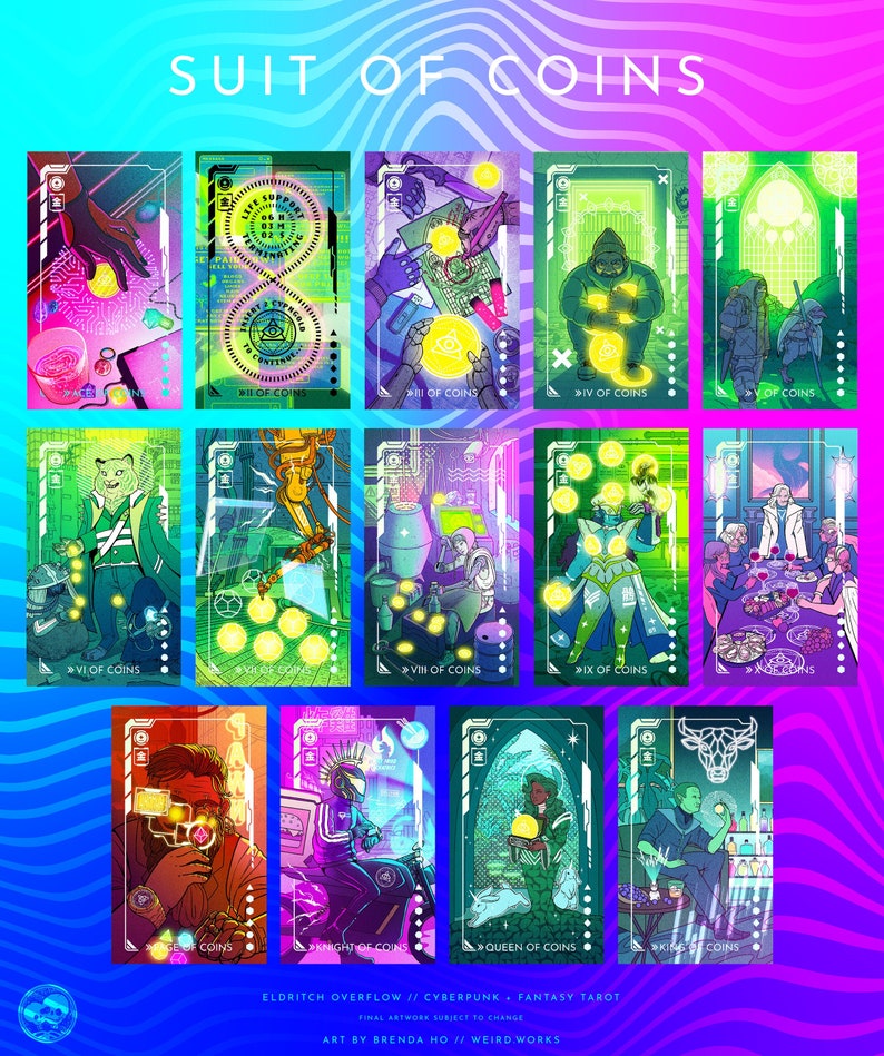 Puede incluir: Un conjunto de cartas de tarot con tem&aacute;tica de fantas&iacute;a cyberpunk. Cada carta muestra ilustraciones &uacute;nicas con colores vibrantes, incluyendo personajes y s&iacute;mbolos. El texto "SUIT OF COINS" est&aacute; en la parte superior, con los t&iacute;tulos de las cartas en la parte inferior.