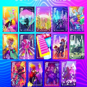 Puede incluir: Un conjunto de doce cartas de tarot, cada una con una ilustraci&oacute;n de estilo cyberpunk. Las cartas presentan figuras, luces de ne&oacute;n y una est&eacute;tica futurista. El texto "SUIT OF WANDS" est&aacute; en la parte superior. La obra es de Brenda Ho.