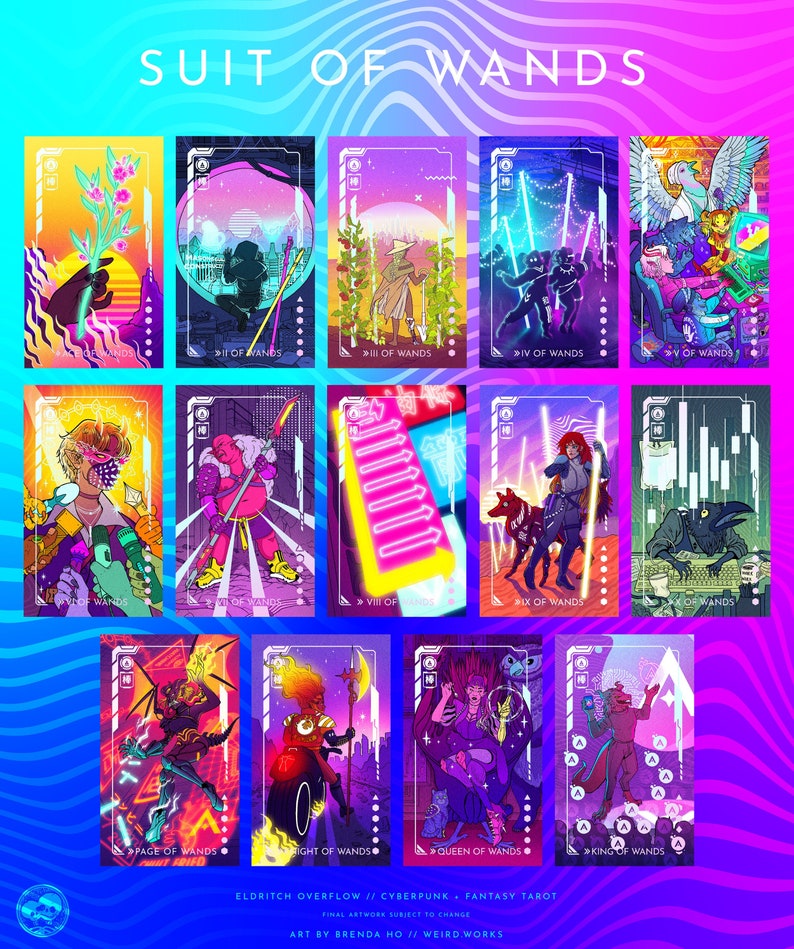 Puede incluir: Un conjunto de doce cartas de tarot, cada una con una ilustraci&oacute;n de estilo cyberpunk. Las cartas presentan figuras, luces de ne&oacute;n y una est&eacute;tica futurista. El texto "SUIT OF WANDS" est&aacute; en la parte superior. La obra es de Brenda Ho.