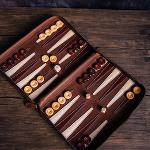 Puede incluir: Un juego de backgammon de cuero marrón con cierre de cremallera. El tablero está abierto y las fichas están dispuestas en el tablero. El tablero tiene un diseño blanco y marrón.