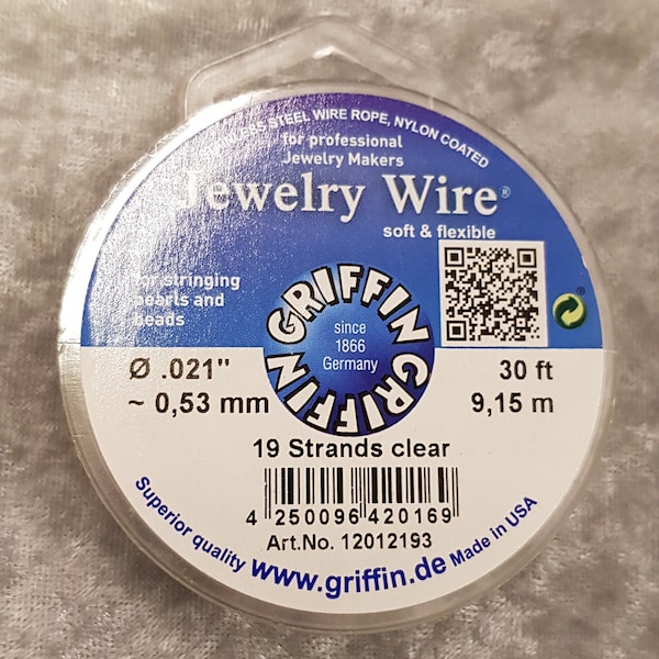 Fil à bijoux de Griffin, fil à bijoux professionnel (fil de bijoutier) en acier inoxydable, recouvert de nylon, sur rouleau de 9,15 m, 19 et 49 brins