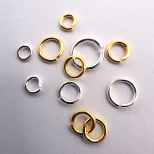Round jump rings, eyelets, open, in silver and 925 silver gold-plated, for DIY jewelry, for attaching clasps or decorative elements.
