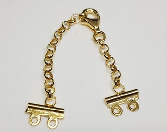 zweireihiges Endteil mit Karabiner und Verlängerungskette 925er Silber vergoldet. Zur Fertigung von 2-reihigen Armbändern und Halsketten