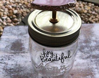 Rose Quartz Hey Beautiful Display 16oz mason jar