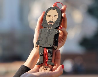 Personalized Christmas ornament - custom wooden John Wick puppet, Christmas gift ideas, Christmas baubles, Keanu Reeves figurine, bobblehead