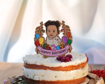Personalized happy birthday cake topper – wooden portrait topper from photo